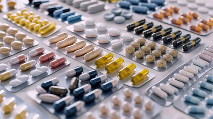 Fototapeta premium Arranged Display of Colorful Vitamin Supplements and Pills