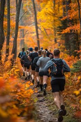 Obraz premium Professional Photography of a Personal Trainer Leading a Group of Runners on a Scenic Trail Run Through a Forest, Generative AI
