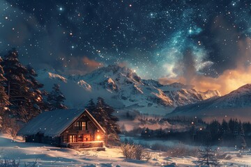 Northern lights viewing in Iceland, snowy landscape, Solitary homestead emanates inviting light, surrounded by expansive snowy plains, undulating hills beneath clear nocturnal expanse..