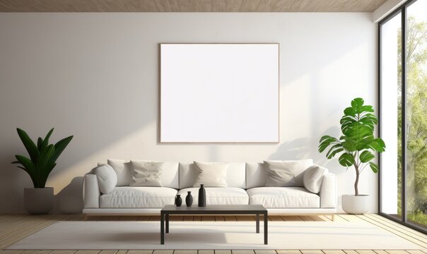 mock up poster frame in modern living room interior background Scandinavian style, 3D render, 3D illustration