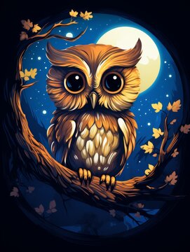 A cute owl is perched on a tree branch in a dark forest. The owl is looking up at the moon, which is shining brightly in the sky.Printable design for t-shirts.