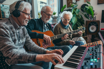 A group of elderly friends creates a music band, using electronic musical instruments and software for recording