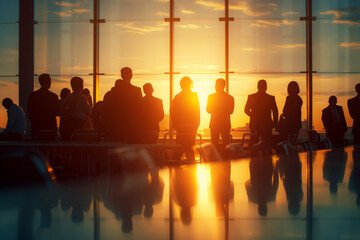 A business silhouette group of people are standing in a room with a large window that is letting in...