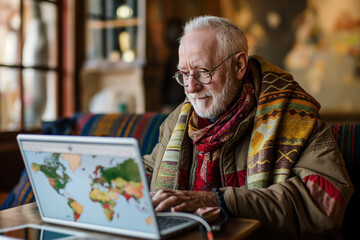 A pensioner learning foreign languages in online groups, planning trips to new countries