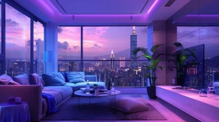 Modern interior design of living room, Taiwan, Taipei city skyline, purple and blue high contras - obrazy, fototapety, plakaty