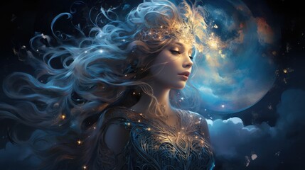 Enchanting Ethereal Cosmic Portrait of a Mystical Feminine Figure in the Glowing Celestial Realm - obrazy, fototapety, plakaty