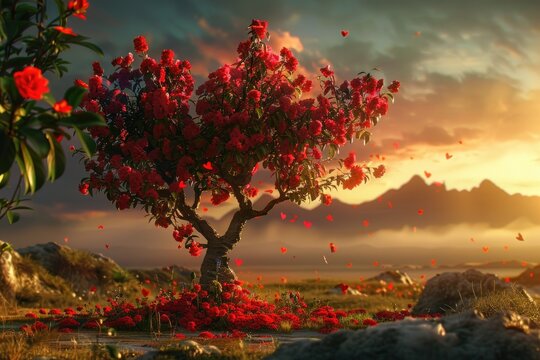 beautiful heart shape tree sunset field flower