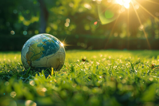 Earth Day - Spot Day - Environment - globe shaped soccer ball on a field with green grass and blurred background on a sunny day. With space for text
