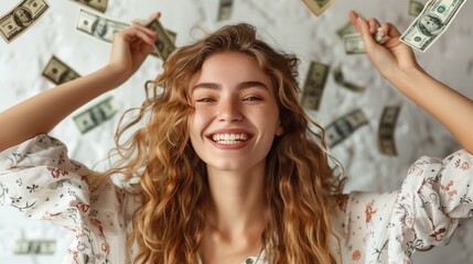 a saleswoman smiling and super happy and spontaneous with her sales, several money bills falling, on a white background - obrazy, fototapety, plakaty