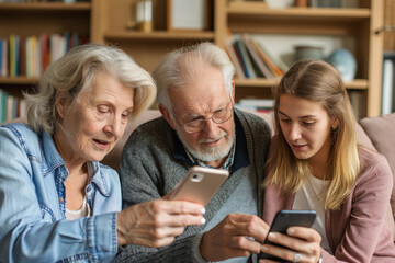 An elderly couple learns to use a smartphone, receiving a video tutorial from their grandchild - obrazy, fototapety, plakaty