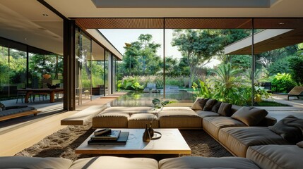 Fototapeta premium Modern villa, interior, beautiful living room. Outside you can see the large garden with swimming pool.