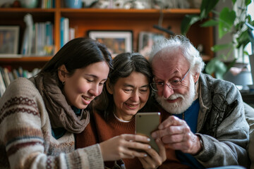 An elderly couple learns to use a smartphone, receiving a video tutorial from their grandchild