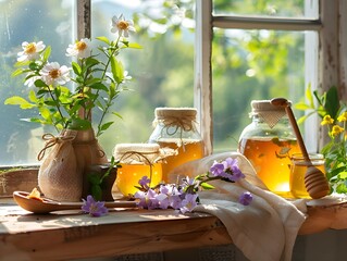 A cozy, rustic kitchen scene with jars of raw honey, wooden spoons, and fresh flowers on a sunny windowsill  - obrazy, fototapety, plakaty