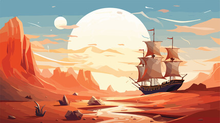 Sailing Ship In A Desert  Fantasy Scene .. flat vect - obrazy, fototapety, plakaty