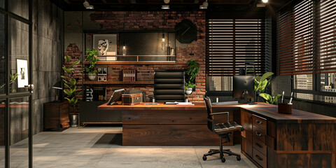 Fototapeta na wymiar Inspiring office interior design Industrial style Office featuring Warehouse style architecture .