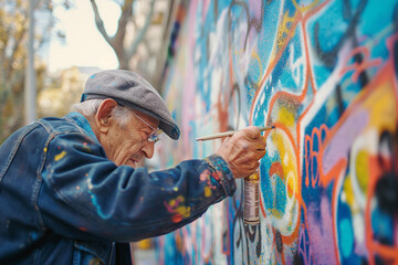 Obraz premium An elderly person learning graffiti, creating street art in their city's park