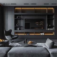 Modern interior design, black color scheme with TV wall unit, gray sofa and armchair, accent lighting on the tv screen, black wooden paneling, modern luxury home decor