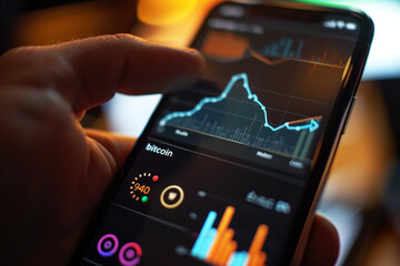 A trader or a financial analyst holding phone and looking at finance market graph. Stock market trading, virtual cryptocurrency and investment concept.