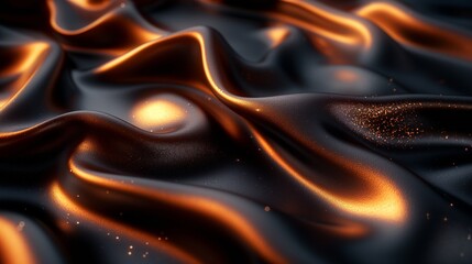 Black dark brown orange gold abstract luxury background. Silk satin fabric. Gradient ombre color. Curtain drapery fold line. Chocolate shade. Shiny glow glitter light. Design. Wide banner. Panoramic.