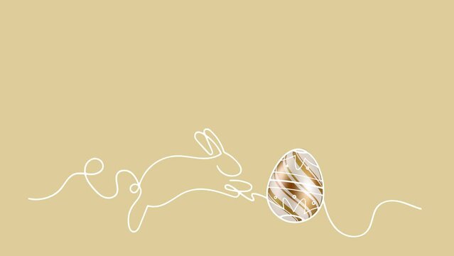 The Easter bunny and the egg appear on the screen in line art style, the egg changes its pattern. Animation mp4 in golden colors