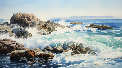 Watercolor illustration of energetic ocean waves splashing high on the rocky shoreline under a clear sky.