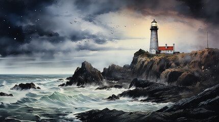 Watercolor illustration of Storm clouds gather over a lighthouse standing firm on cliffs above tumultuous sea waves.