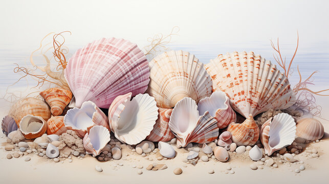 A beautifully crafted watercolor illustration depicts an assortment of colorful seashells and a starfish arranged in an artistic display, capturing the essence of coastal charm.