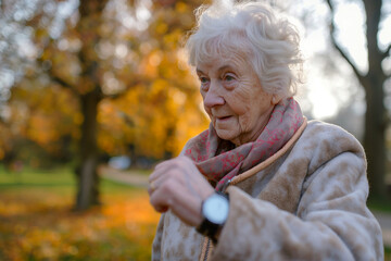 An elderly woman uses a fitness bracelet to track her steps in the park