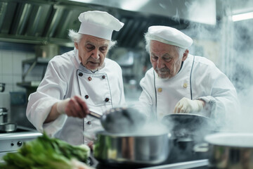 Fototapeta na wymiar Elderly people mastering new cooking methods, such as sous-vide and molecular gastronomy
