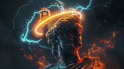 V cornered orange lightning and blue neon in the style of bitcoin on the head of an ancient Greek statue with a crown - obrazy, fototapety, plakaty