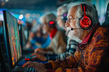 Obraz premium Elderly people participating in esports competitions, demonstrating skill in strategic games