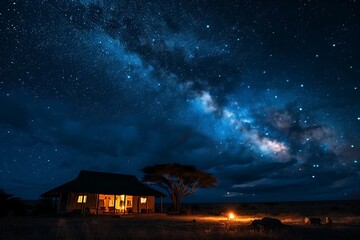 Rural House Illuminated Under a Starry Night Sky