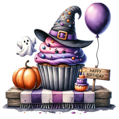 Watercolor Cupcake Halloween happy Birthday clipart And Digital Download