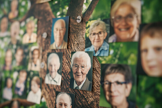 Pensioners create an online family tree, gathering information and photos stock photo