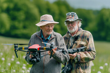 Fototapeta premium Pensioners learning to use drones for filming nature and events