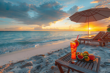  Tropical Sunrise with Citrus Cocktail on Beach, Inviting Seashore Morning
