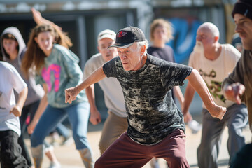 Obraz premium Seniors attending a workshop on modern dances, learning hip-hop or breakdance 
