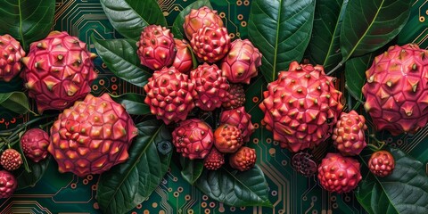 Imaginative 2D vector scene of anthropomorphic, exotic fruits (jackfruit, soursop, and dragon fruit) engaging in a lively, tech-inspired dance within a stylized, circuit board-like landscape, celebrat