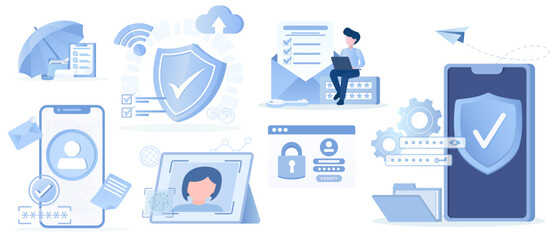 Collection of data protection concept. Account protection, strong password, encryption key, safety, security, sensitive data firewalls and other sensitive data from cyber attack. Vector Illustrated.