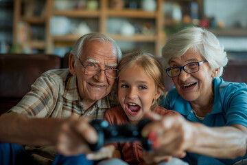 Pensioners play video games with their grandchildren, enjoying family evening