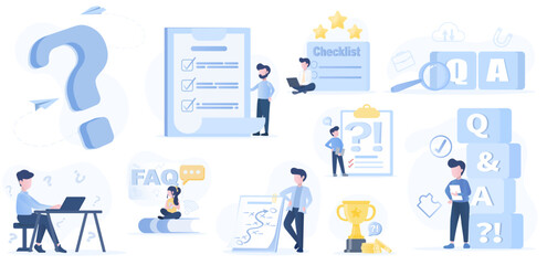 Collection set of FAQs (Frequently Asked Questions), including questions, answers, analysis, surveys, problem solving, support, and symbols. Illustrated in a flat vector design.