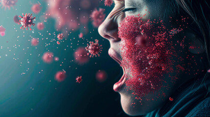 close-up, a sick girl coughs, red virus molecules fly out of her open mouth - obrazy, fototapety, plakaty