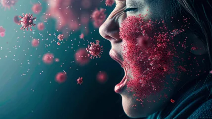 Fotobehang close-up, a sick girl coughs, red virus molecules fly out of her open mouth © yanapopovaiv