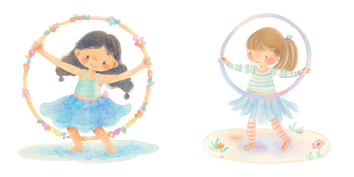 cute girl playing hula hoop watercolour vector illustration