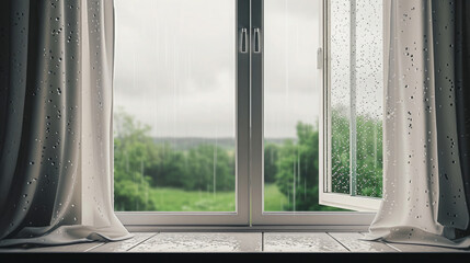 outside the window there is rainy weather, slush, bad mood, melancholy, view of trees in the park, curtains on the sides