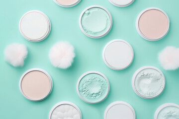 top view of cosmetic powders and puff applicators on turquoise surface