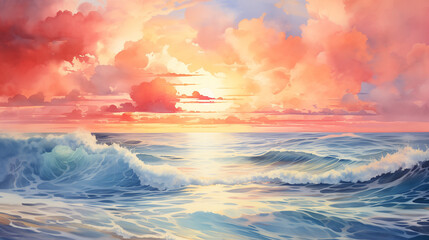 Naklejka na ściany i meble Watercolor illustration of rolling ocean waves under a spectacular sunset sky painted with vivid colors.