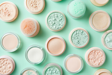 array of loose and compact face powders on a pastel background - obrazy, fototapety, plakaty