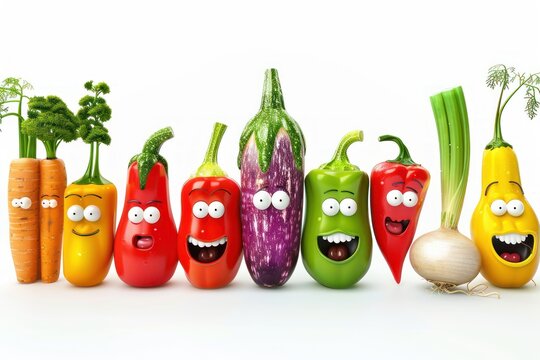 vegetables characters with funny faces in a row on white background