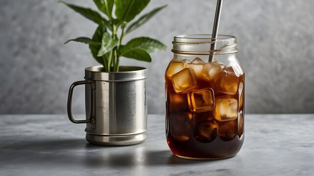 A jar of homemade cold brew coffee with ice cubes and a metal straw